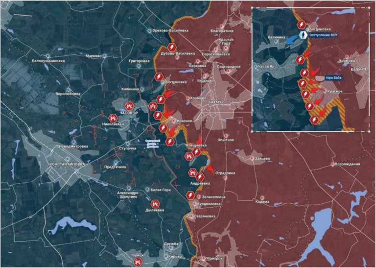 Карта боевых действий на Украине: Бахмутское направление. Последние новости СВО на карте. Источник - Рыбарь.