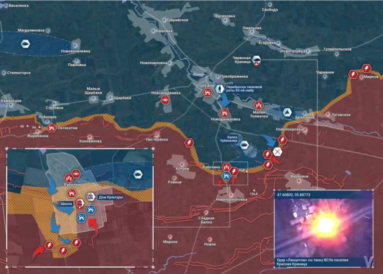 Карта боевых действий на Украине - Запорожский фронт. Последние новости СВО на карте. Источник - Рыбарь