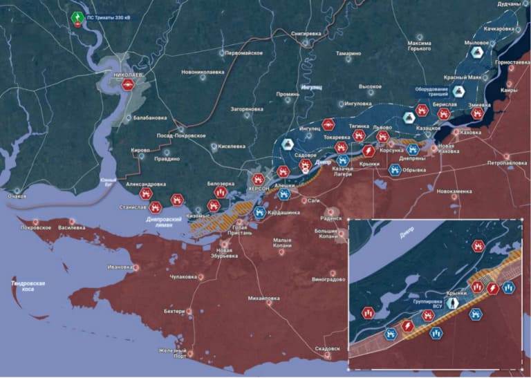Карта боевых действий на Украине: Херсонский участок. Последние новости спецоперации на карте. Источник - Рыбарь
